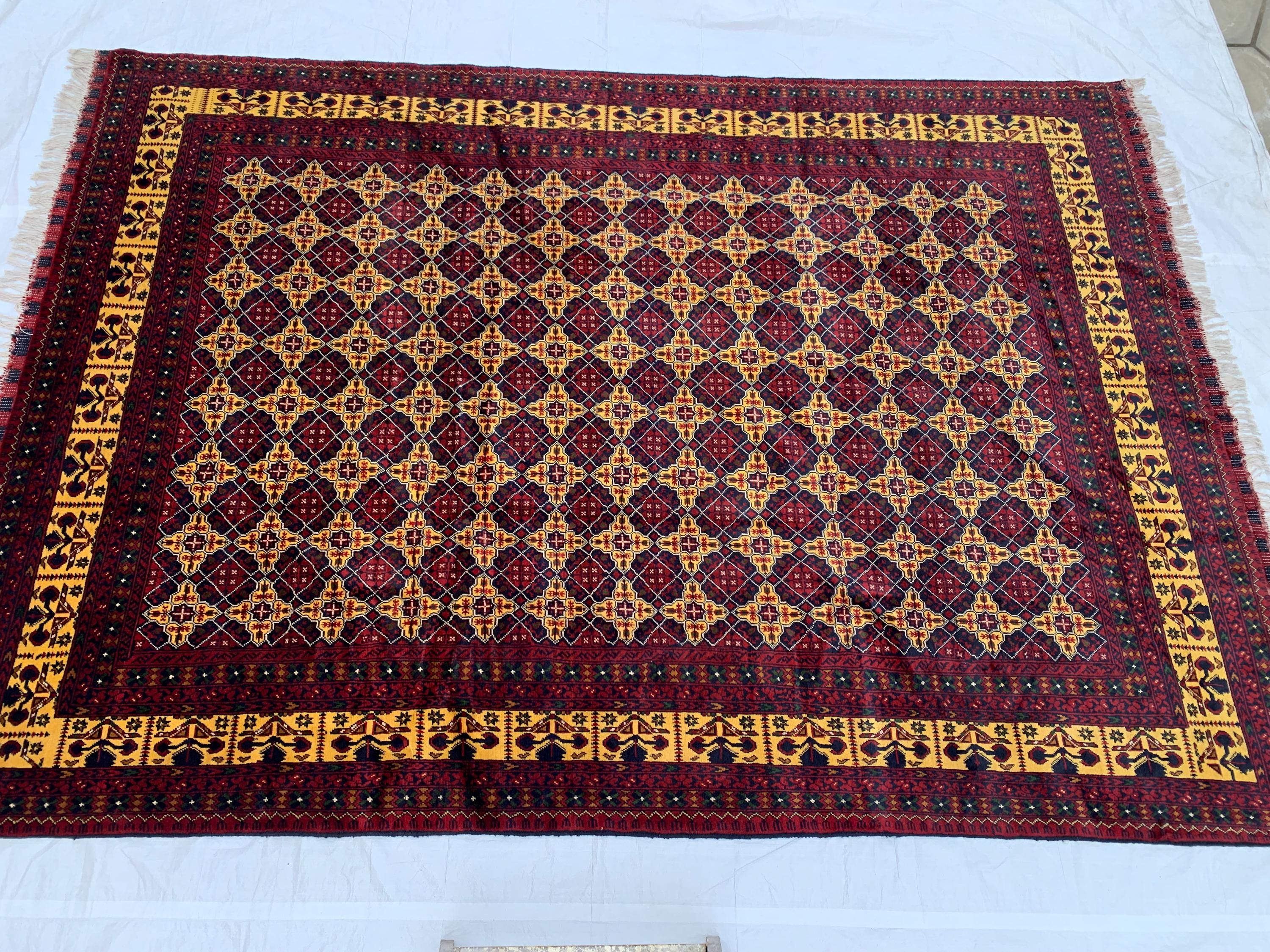 8x12ft Large Yousafi Tribal Rug – Handwoven Afghan Wool Carpet with Geometric Patterns & Rich Red, Golden Perfect for Living Room, 349x240