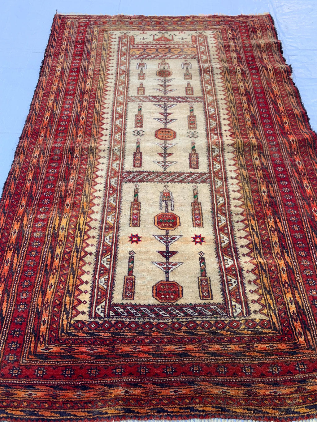 3x4 Vintage Afghan War Rug–Handmade Wool Tribal Carpet with Intricate Symbolic Patterns in Beige and Deep Red, Collectible Rug for Auction