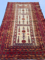 3x4 Vintage Afghan War Rug–Handmade Wool Tribal Carpet with Intricate Symbolic Patterns in Beige and Deep Red, Collectible Rug for Auction