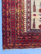 3x4 Vintage Afghan War Rug–Handmade Wool Tribal Carpet with Intricate Symbolic Patterns in Beige and Deep Red, Collectible Rug for Auction