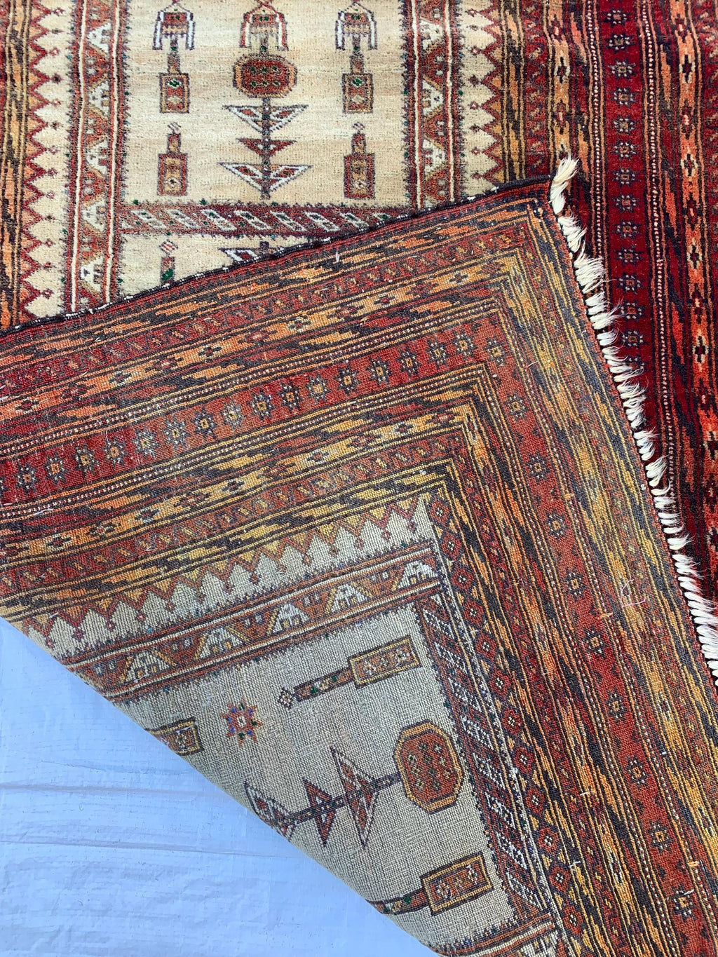 3x4 Vintage Afghan War Rug–Handmade Wool Tribal Carpet with Intricate Symbolic Patterns in Beige and Deep Red, Collectible Rug for Auction
