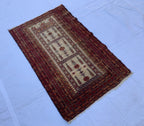 3x4 Vintage Afghan War Rug–Handmade Wool Tribal Carpet with Intricate Symbolic Patterns in Beige and Deep Red, Collectible Rug for Auction