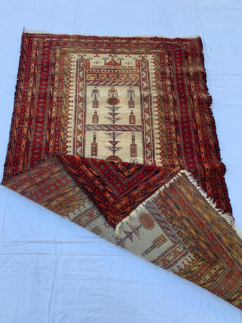 3x4 Vintage Afghan War Rug–Handmade Wool Tribal Carpet with Intricate Symbolic Patterns in Beige and Deep Red, Collectible Rug for Auction