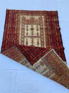 3x4 Vintage Afghan War Rug–Handmade Wool Tribal Carpet with Intricate Symbolic Patterns in Beige and Deep Red, Collectible Rug for Auction