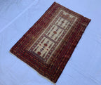 3x4 Vintage Afghan War Rug–Handmade Wool Tribal Carpet with Intricate Symbolic Patterns in Beige and Deep Red, Collectible Rug for Auction