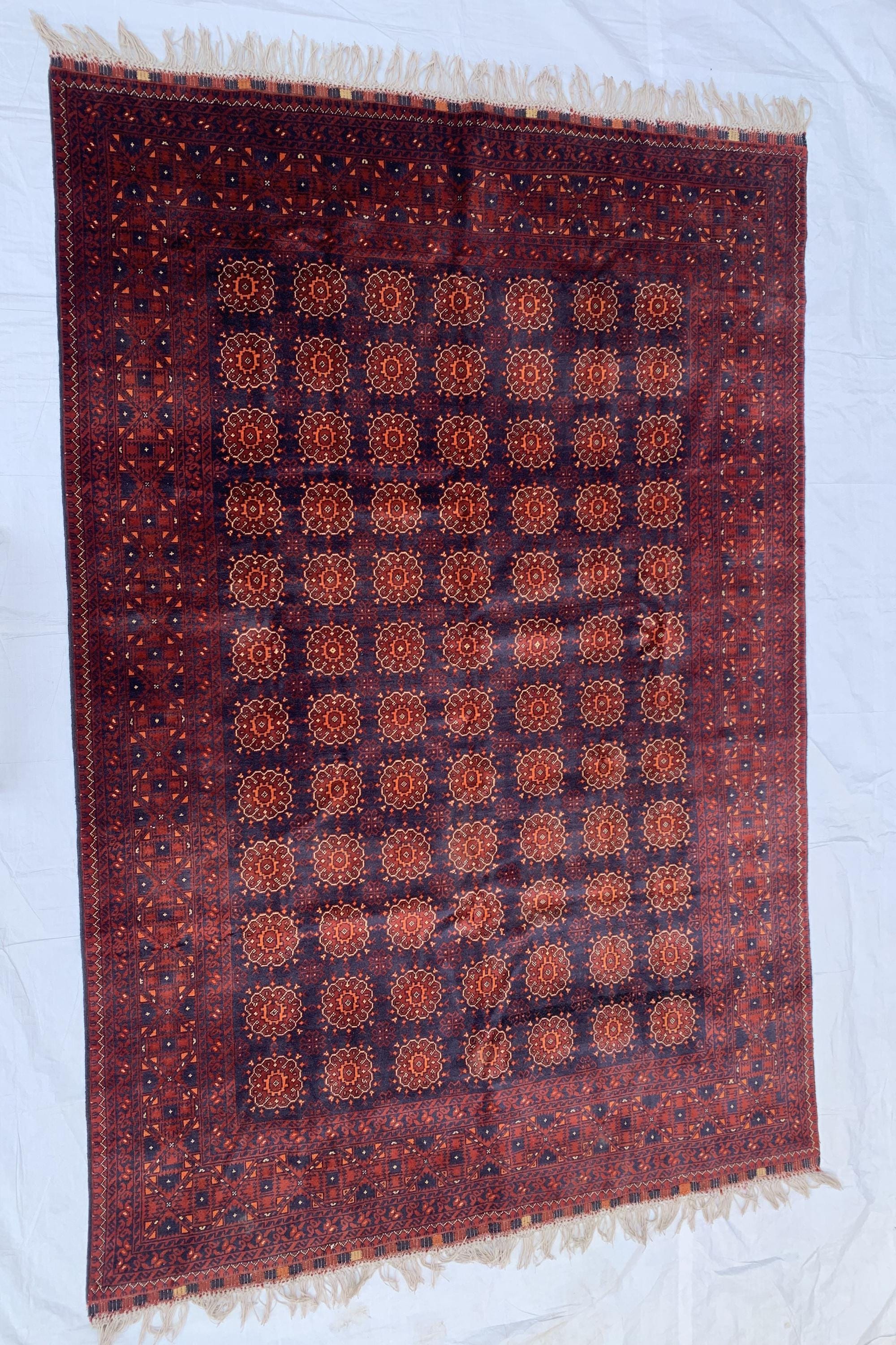 7x10ft Large Old Design Patnus Gul Rug– Turkmen Afghan Wool Carpet with Traditional Geometric Patterns in Rich Navy Blue & Deep Red 6.6x9.8