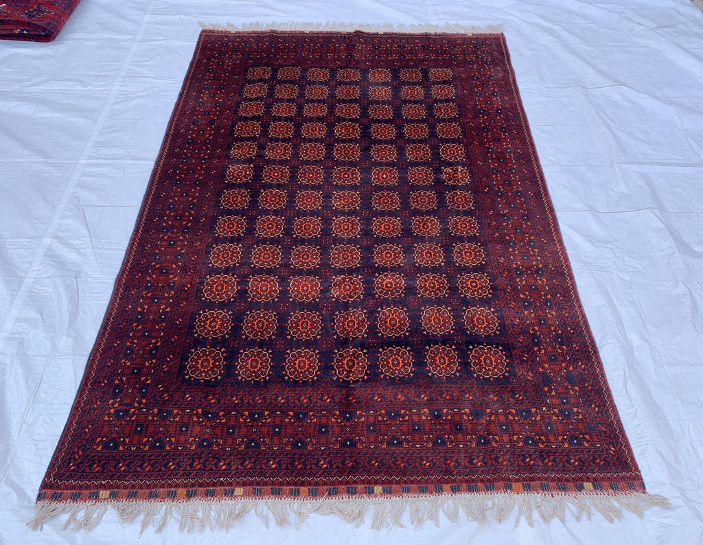 7x10ft Large Old Design Patnus Gul Rug– Turkmen Afghan Wool Carpet with Traditional Geometric Patterns in Rich Navy Blue & Deep Red 6.6x9.8