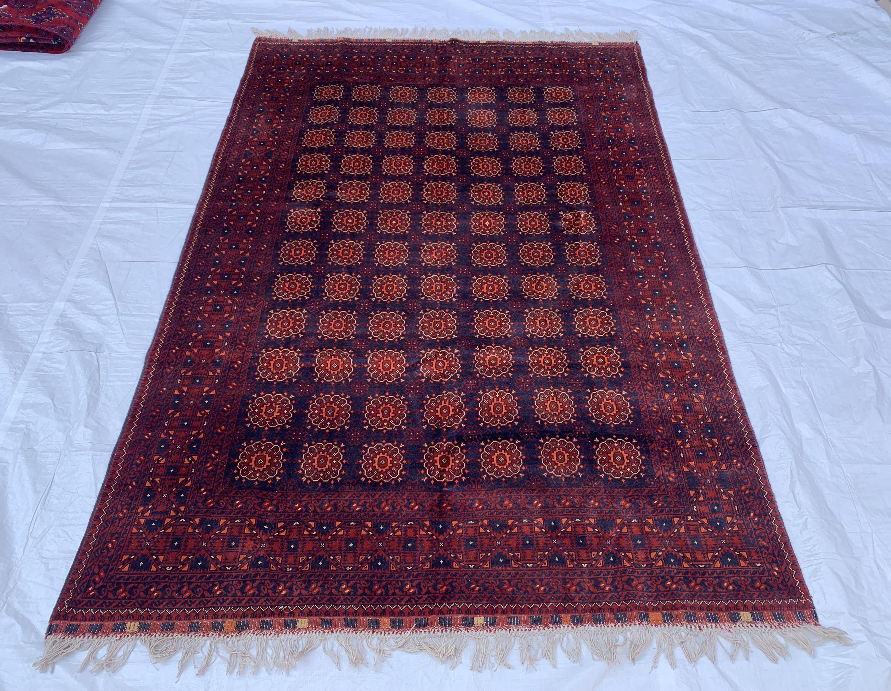 7x10ft Large Old Design Patnus Gul Rug– Turkmen Afghan Wool Carpet with Traditional Geometric Patterns in Rich Navy Blue & Deep Red 6.6x9.8