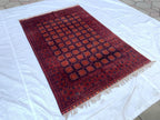 7x10ft Large Old Design Patnus Gul Rug– Turkmen Afghan Wool Carpet with Traditional Geometric Patterns in Rich Navy Blue & Deep Red 6.6x9.8