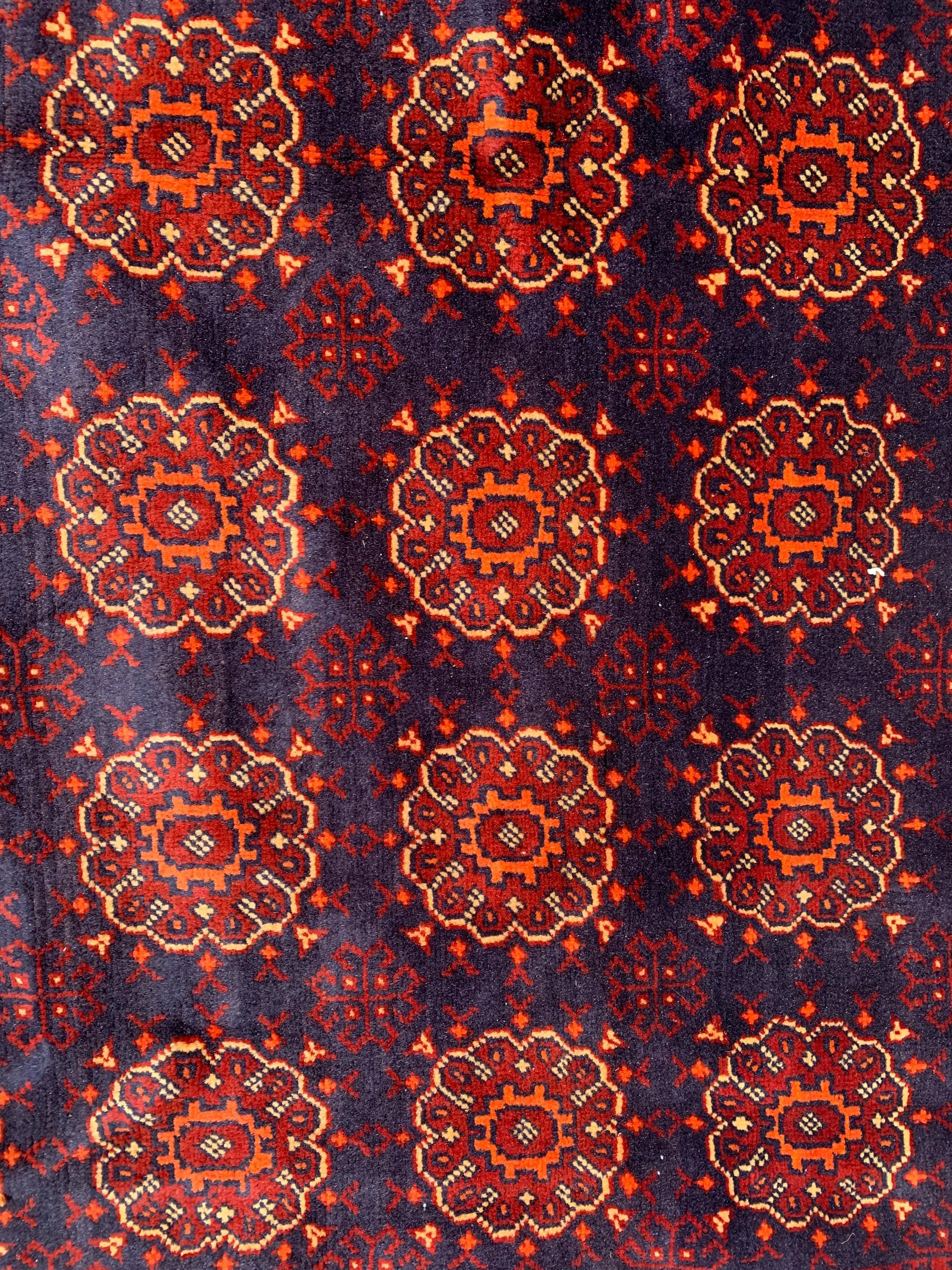 7x10ft Large Old Design Patnus Gul Rug– Turkmen Afghan Wool Carpet with Traditional Geometric Patterns in Rich Navy Blue & Deep Red 6.6x9.8