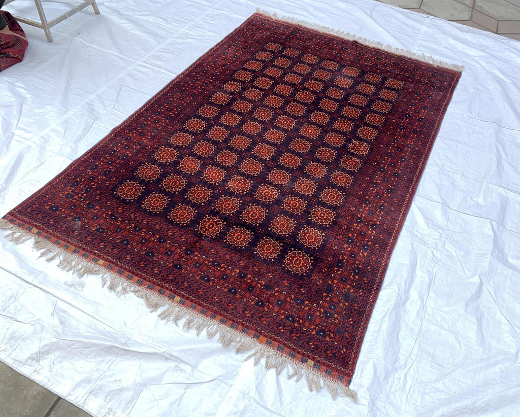 7x10ft Large Old Design Patnus Gul Rug– Turkmen Afghan Wool Carpet with Traditional Geometric Patterns in Rich Navy Blue & Deep Red 6.6x9.8