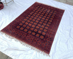 7x10ft Large Old Design Patnus Gul Rug– Turkmen Afghan Wool Carpet with Traditional Geometric Patterns in Rich Navy Blue & Deep Red 6.6x9.8