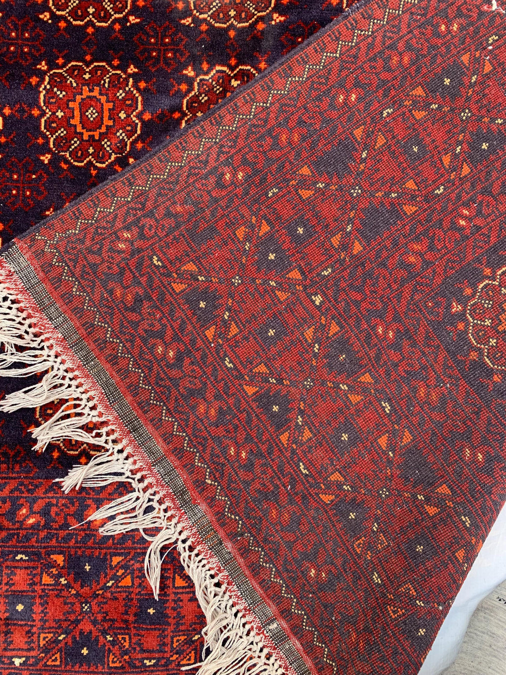 7x10ft Large Old Design Patnus Gul Rug– Turkmen Afghan Wool Carpet with Traditional Geometric Patterns in Rich Navy Blue & Deep Red 6.6x9.8