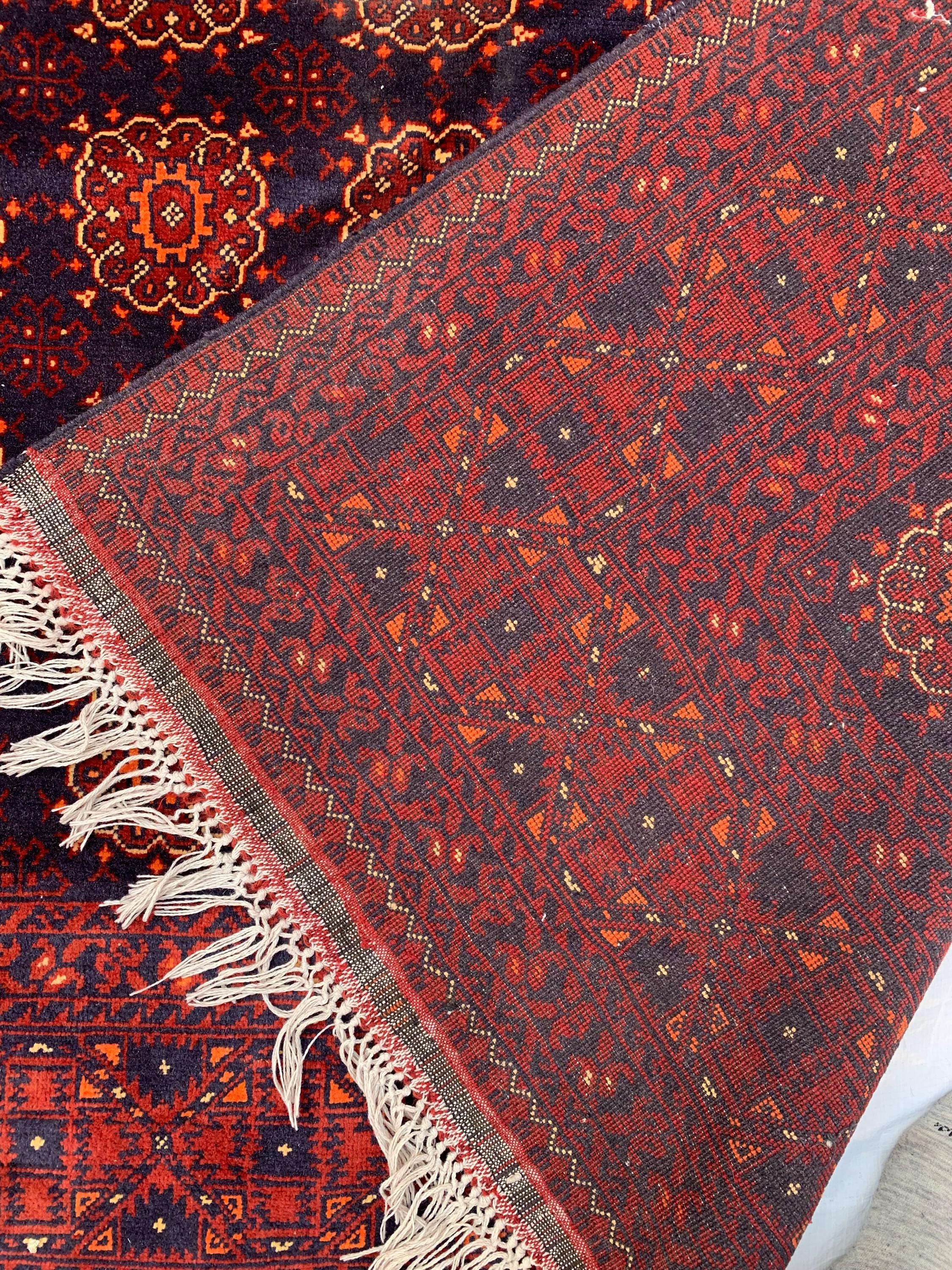 7x10ft Large Old Design Patnus Gul Rug– Turkmen Afghan Wool Carpet with Traditional Geometric Patterns in Rich Navy Blue & Deep Red 6.6x9.8
