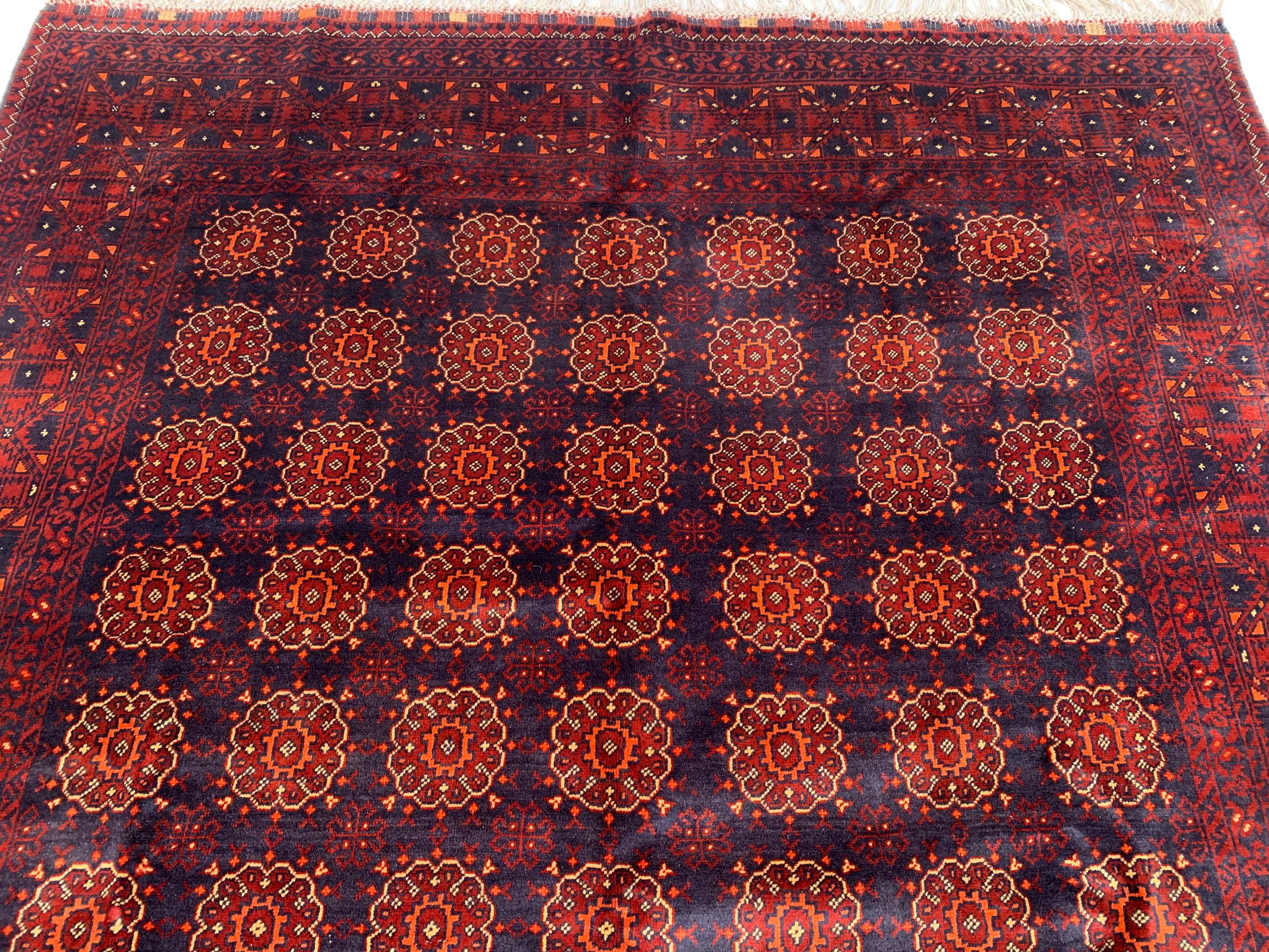 7x10ft Large Old Design Patnus Gul Rug– Turkmen Afghan Wool Carpet with Traditional Geometric Patterns in Rich Navy Blue & Deep Red 6.6x9.8