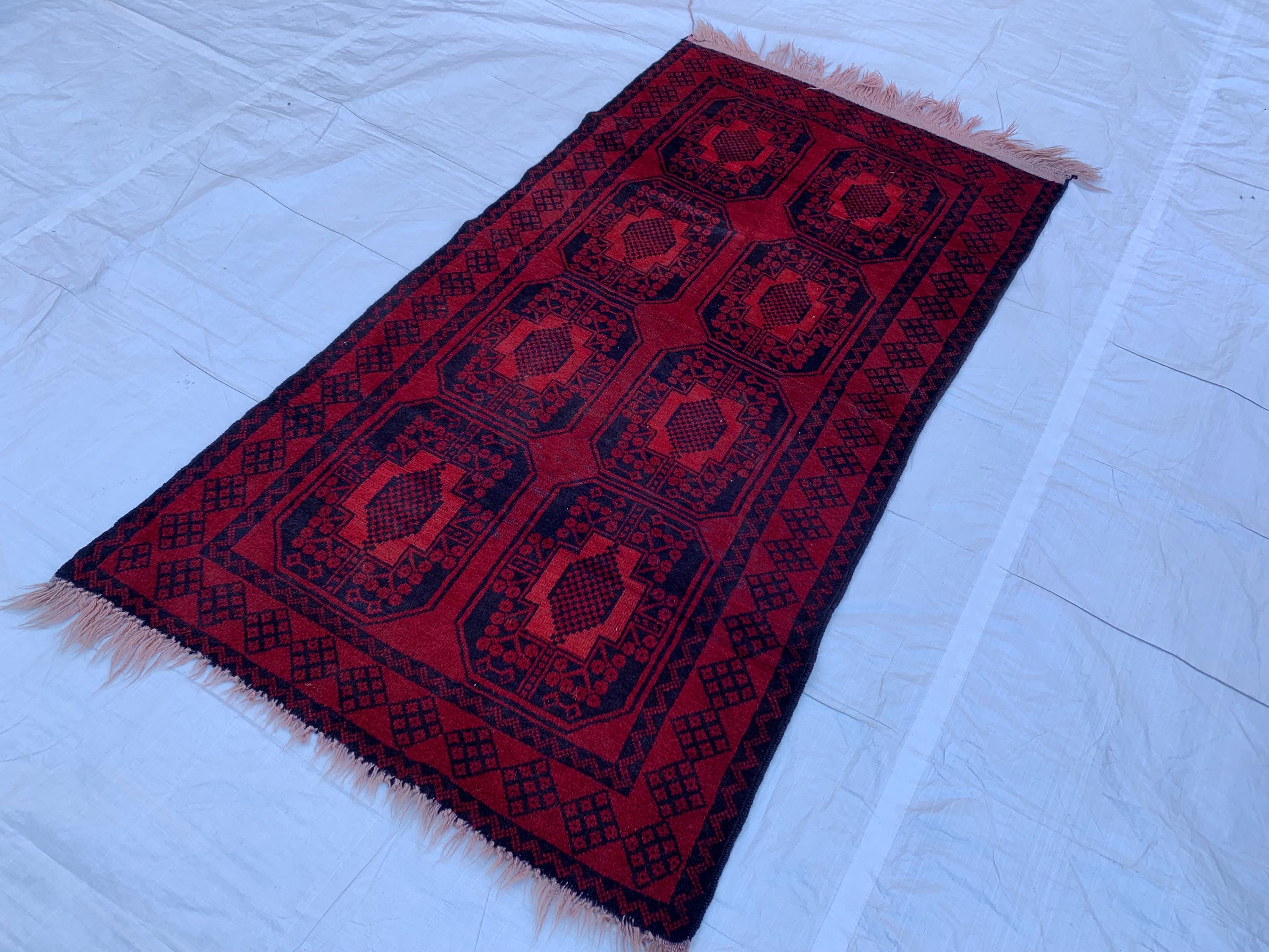 4x7 Vintage Elephant Footprint Rug – Handmade Afghan Wool Carpet with Traditional Tribal Patterns in Rich Navy Blue & Red 3.5x6.7 ft,