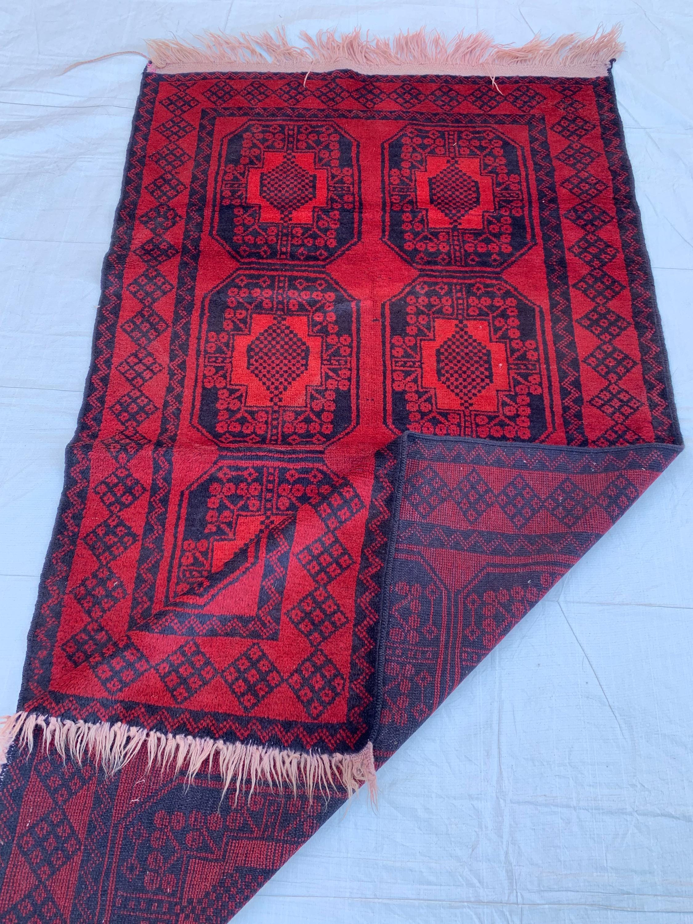 4x7 Vintage Elephant Footprint Rug – Handmade Afghan Wool Carpet with Traditional Tribal Patterns in Rich Navy Blue & Red 3.5x6.7 ft,