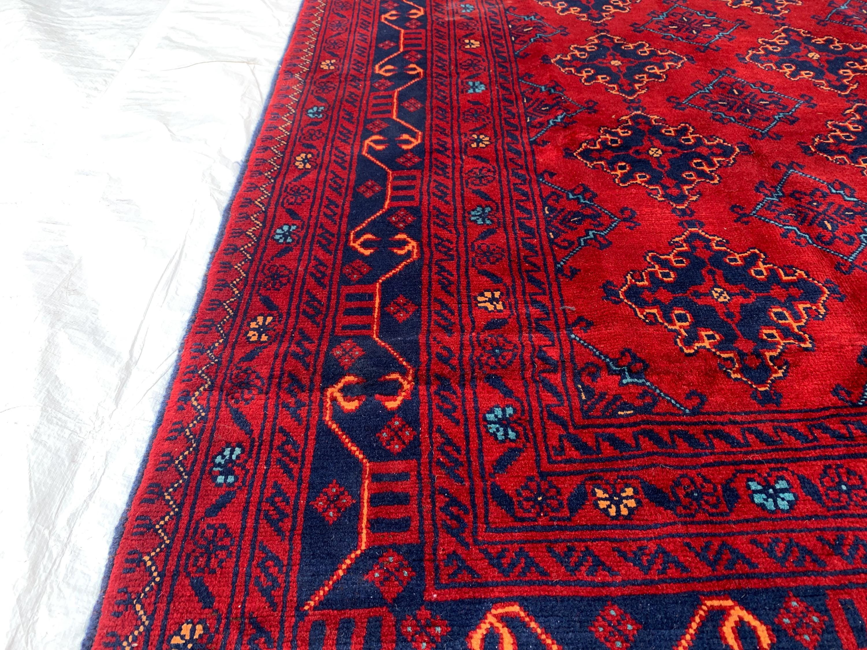 7x10 Sitara Naksha Rug – Handmade Afghan Wool Carpet with Traditional Geometric Patterns in Rich Red & Blue – Living Room Rug 6.6x9.8 ft