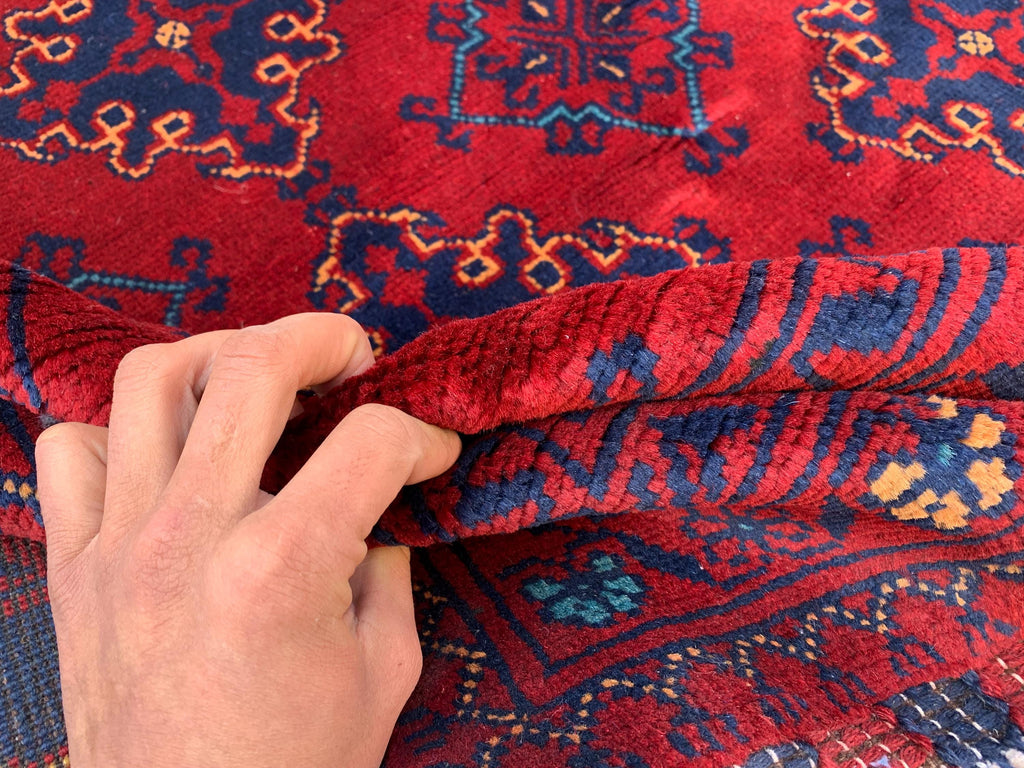 7x10 Sitara Naksha Rug – Handmade Afghan Wool Carpet with Traditional Geometric Patterns in Rich Red & Blue – Living Room Rug 6.6x9.8 ft