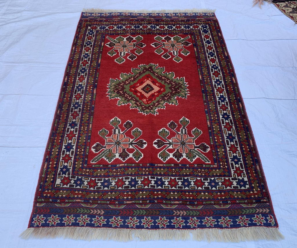 4x6 Vintage Herati Rug – Handmade Wool Carpet with Intricate Floral Patterns in Red, Green, and Blue – Living Room Rug, Hallway Rug 4.3x6.4