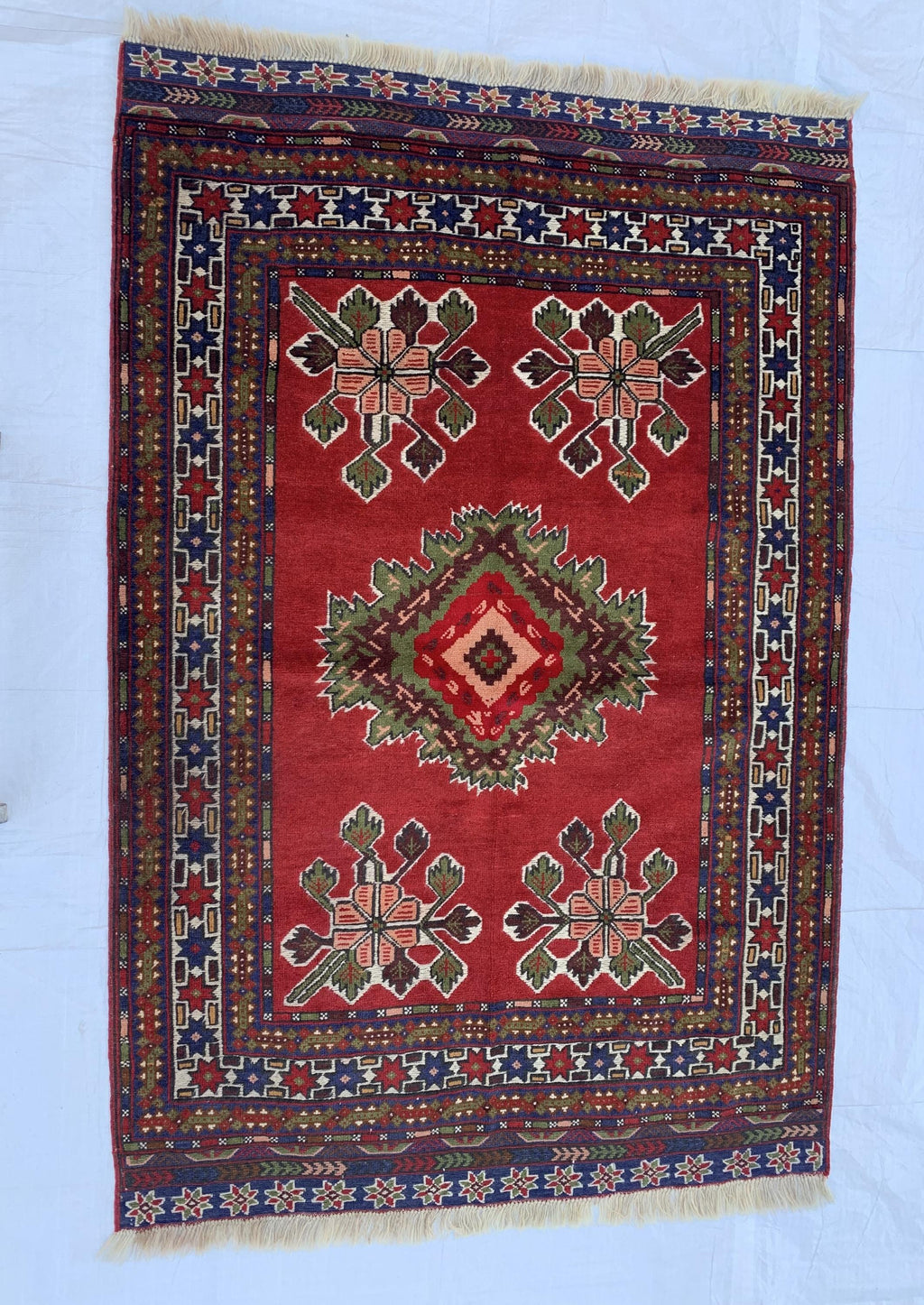 4x6 Vintage Herati Rug – Handmade Wool Carpet with Intricate Floral Patterns in Red, Green, and Blue – Living Room Rug, Hallway Rug 4.3x6.4