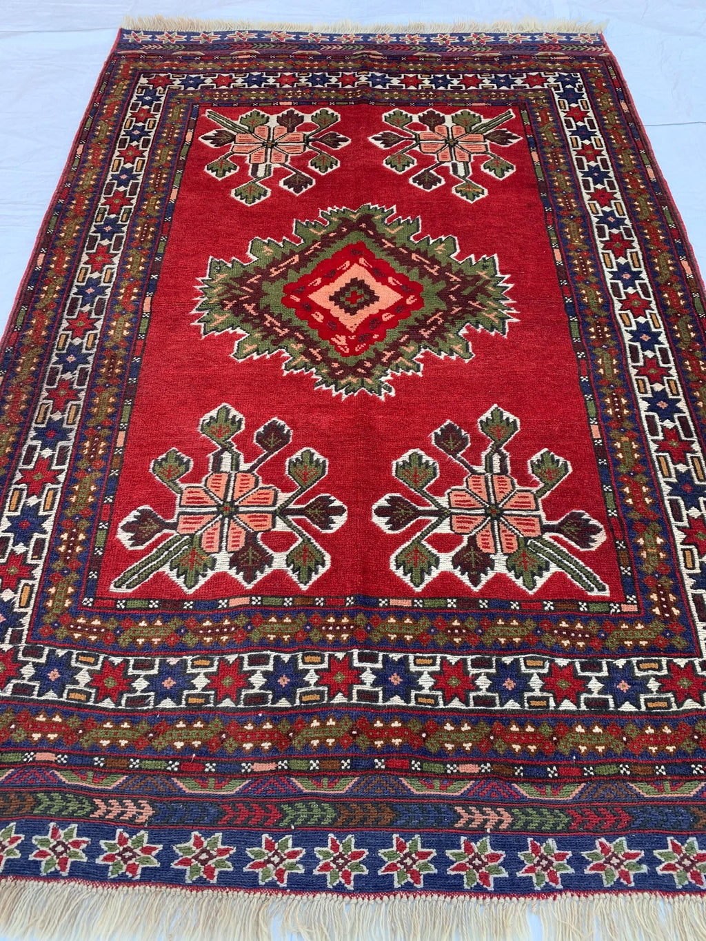 4x6 Vintage Herati Rug – Handmade Wool Carpet with Intricate Floral Patterns in Red, Green, and Blue – Living Room Rug, Hallway Rug 4.3x6.4