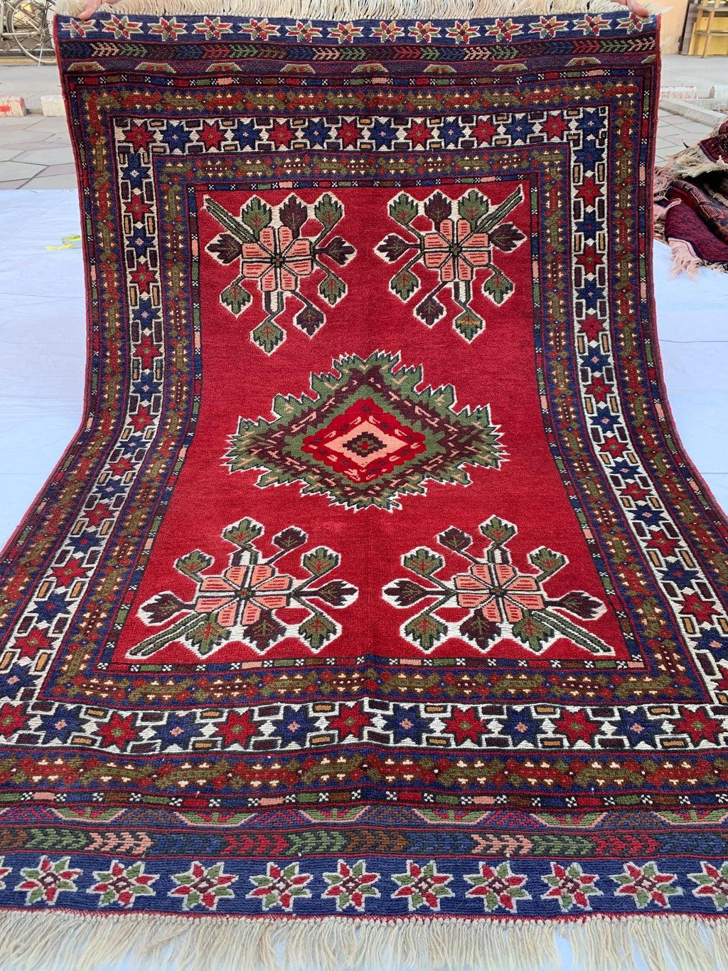 4x6 Vintage Herati Rug – Handmade Wool Carpet with Intricate Floral Patterns in Red, Green, and Blue – Living Room Rug, Hallway Rug 4.3x6.4