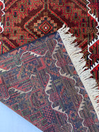 4x7 Vintage Baluchi Rug – Handmade Wool Tribal Carpet with Intricate Symbolic Patterns in Brown, Rust, and White, Living Room Rug 195x113