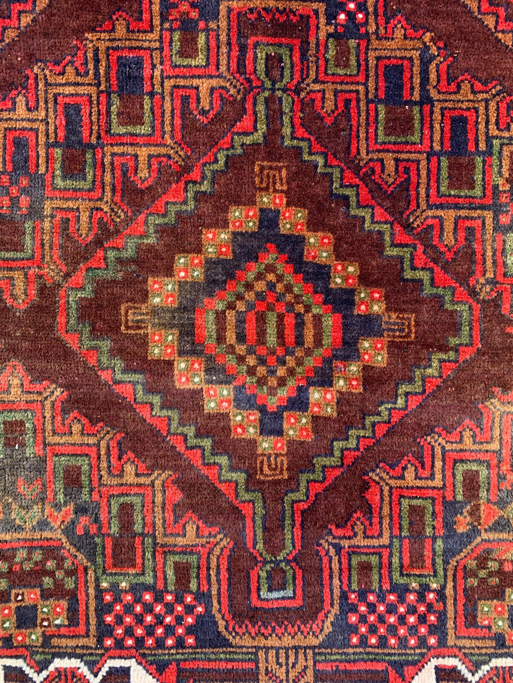 4x7 Vintage Baluchi Rug – Handmade Wool Tribal Carpet with Intricate Symbolic Patterns in Brown, Rust, and White, Living Room Rug 195x113