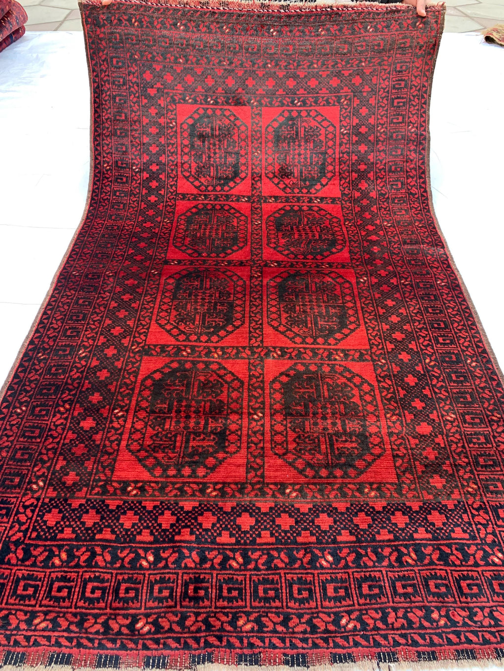 43-Year-Old Afghan Elephant Foot Rug 3.5x5.11 ft | Hand-Knotted Wool Tribal Carpet | Red & Black Vintage Baluch Rug, Collectible Rug 102x178