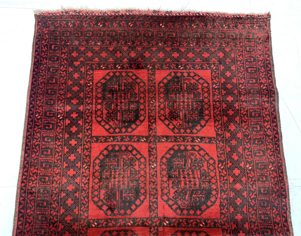 43-Year-Old Afghan Elephant Foot Rug 3.5x5.11 ft | Hand-Knotted Wool Tribal Carpet | Red & Black Vintage Baluch Rug, Collectible Rug 102x178