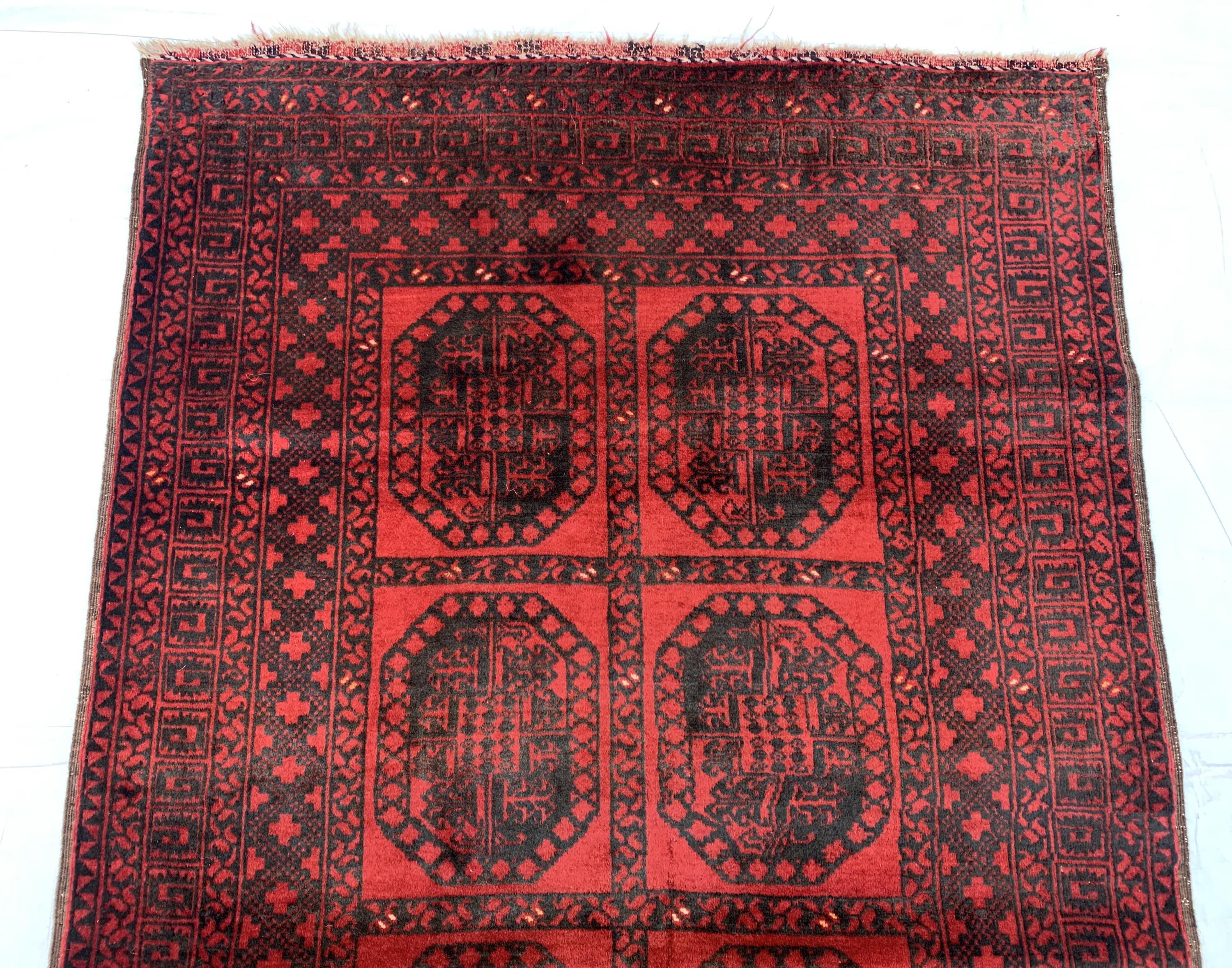 43-Year-Old Afghan Elephant Foot Rug 3.5x5.11 ft | Hand-Knotted Wool Tribal Carpet | Red & Black Vintage Baluch Rug, Collectible Rug 102x178