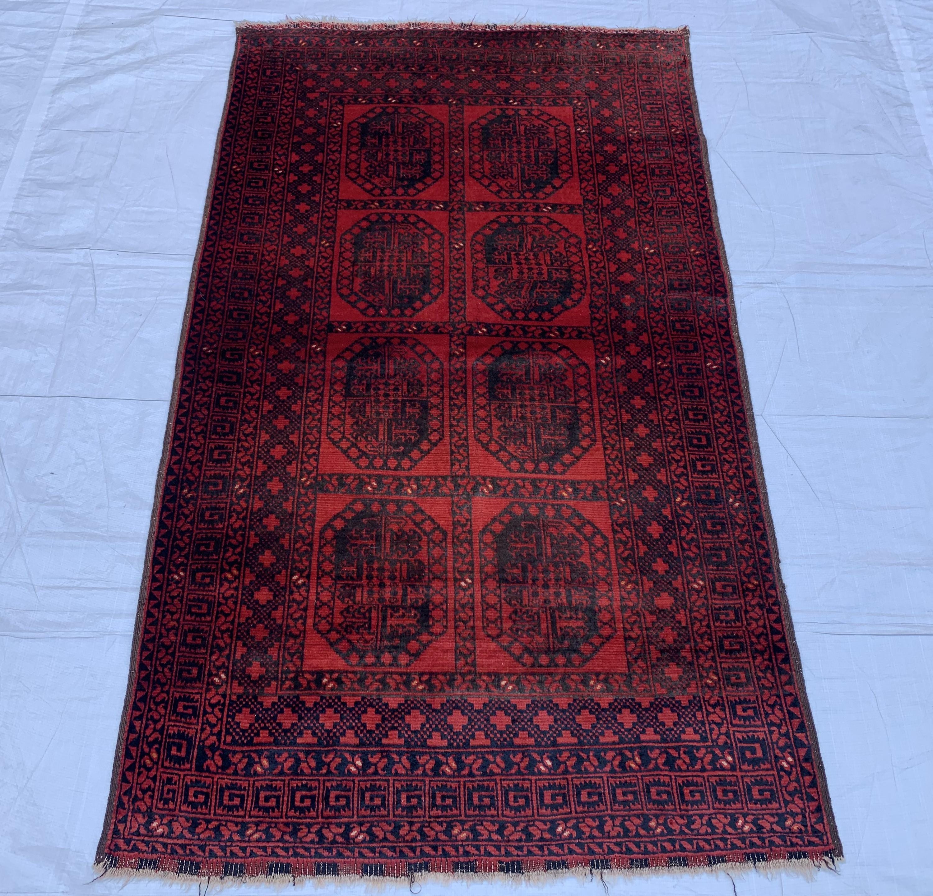 43-Year-Old Afghan Elephant Foot Rug 3.5x5.11 ft | Hand-Knotted Wool Tribal Carpet | Red & Black Vintage Baluch Rug, Collectible Rug 102x178