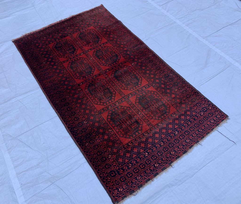 43-Year-Old Afghan Elephant Foot Rug 3.5x5.11 ft | Hand-Knotted Wool Tribal Carpet | Red & Black Vintage Baluch Rug, Collectible Rug 102x178