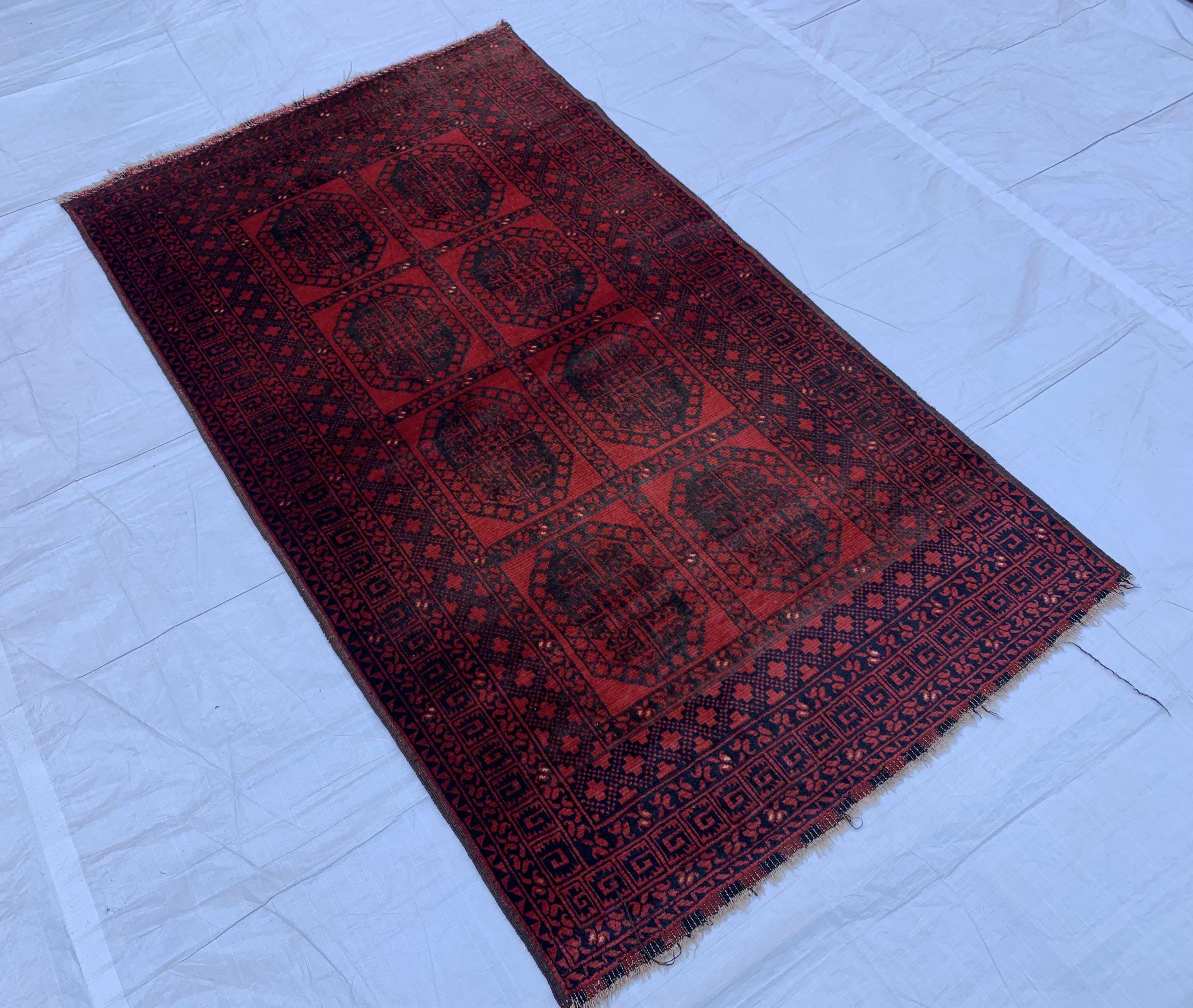 43-Year-Old Afghan Elephant Foot Rug 3.5x5.11 ft | Hand-Knotted Wool Tribal Carpet | Red & Black Vintage Baluch Rug, Collectible Rug 102x178