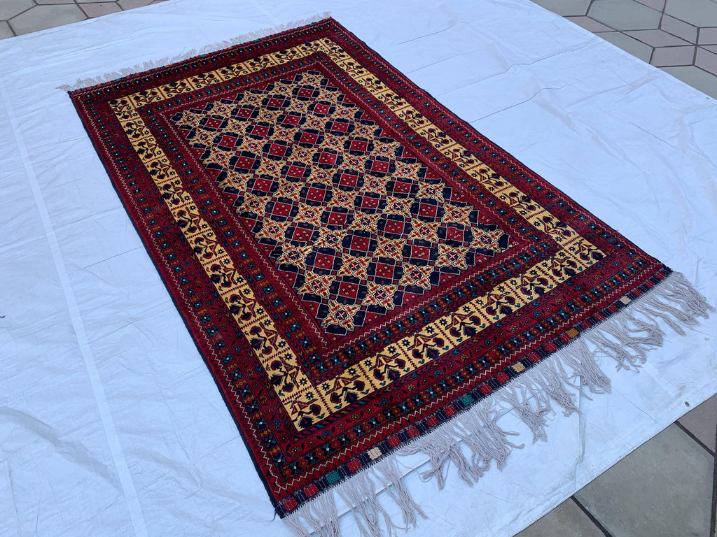 6x10 Large Yousafi Tribal Rug–Turkmen Handwoven Afghan Wool Carpet with Geometric Patterns & Rich Red, Gold Perfect for Living Room, Bedroom