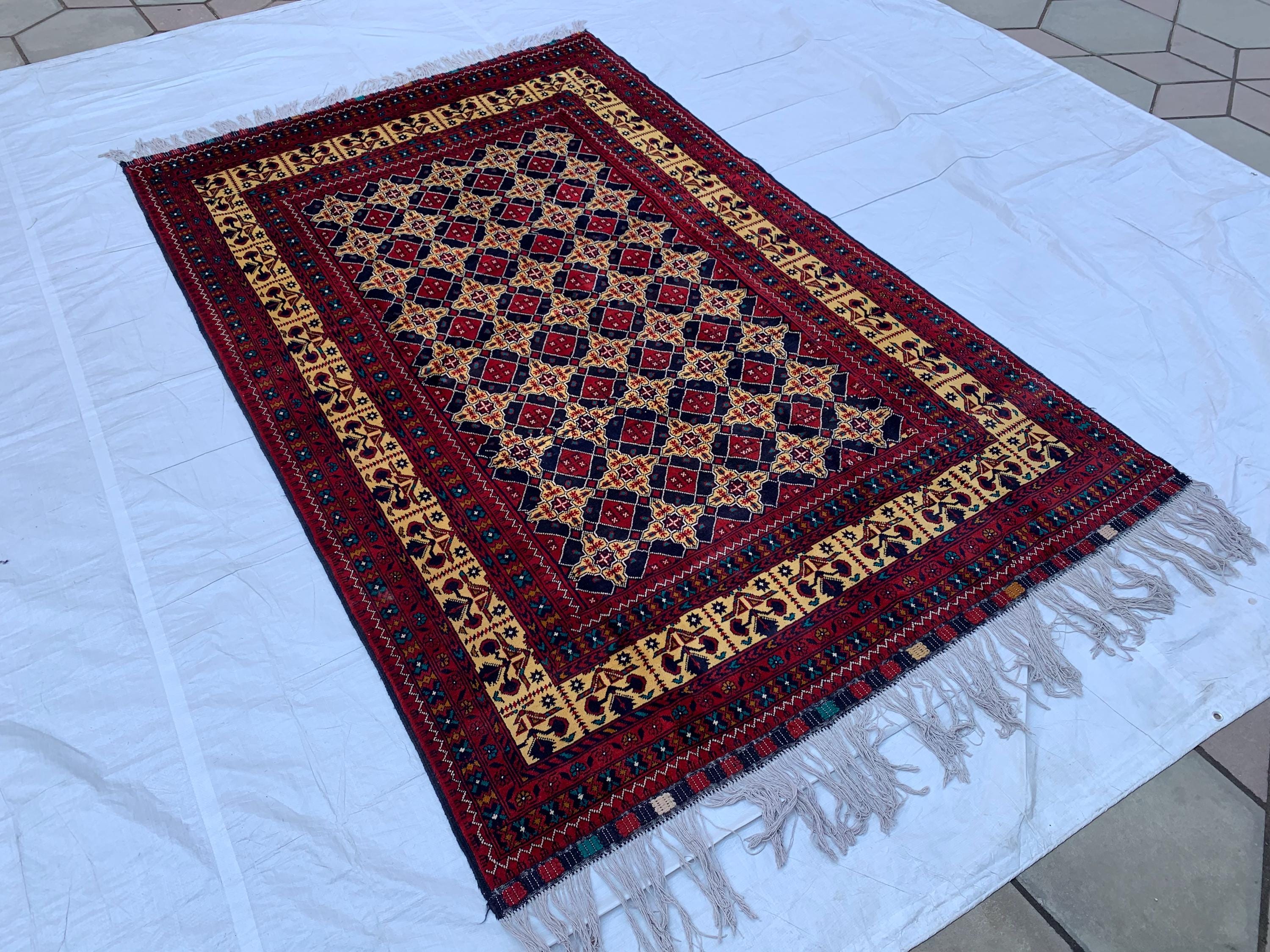 6x10 Large Yousafi Tribal Rug–Turkmen Handwoven Afghan Wool Carpet with Geometric Patterns & Rich Red, Gold Perfect for Living Room, Bedroom