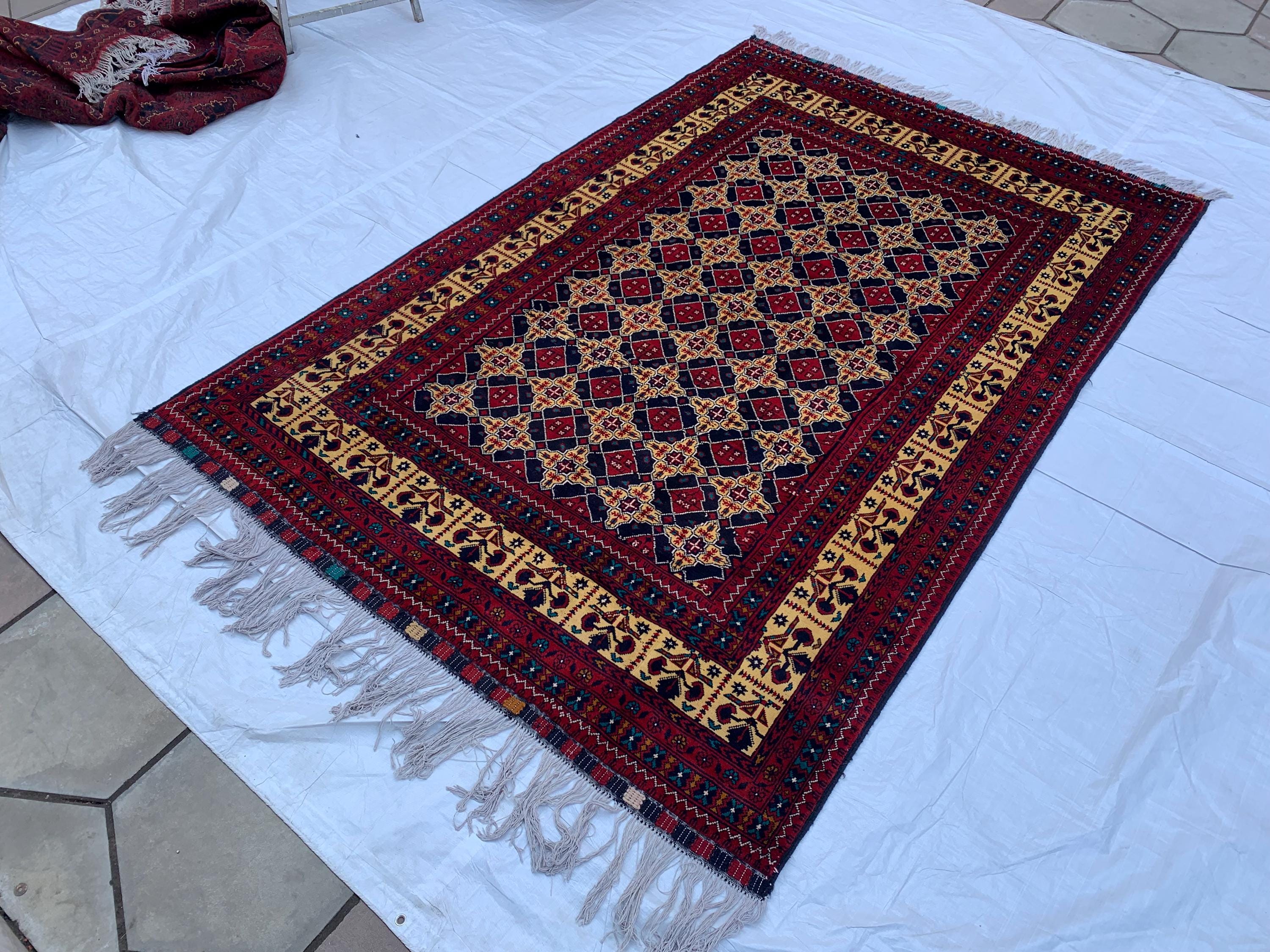 6x10 Large Yousafi Tribal Rug–Turkmen Handwoven Afghan Wool Carpet with Geometric Patterns & Rich Red, Gold Perfect for Living Room, Bedroom