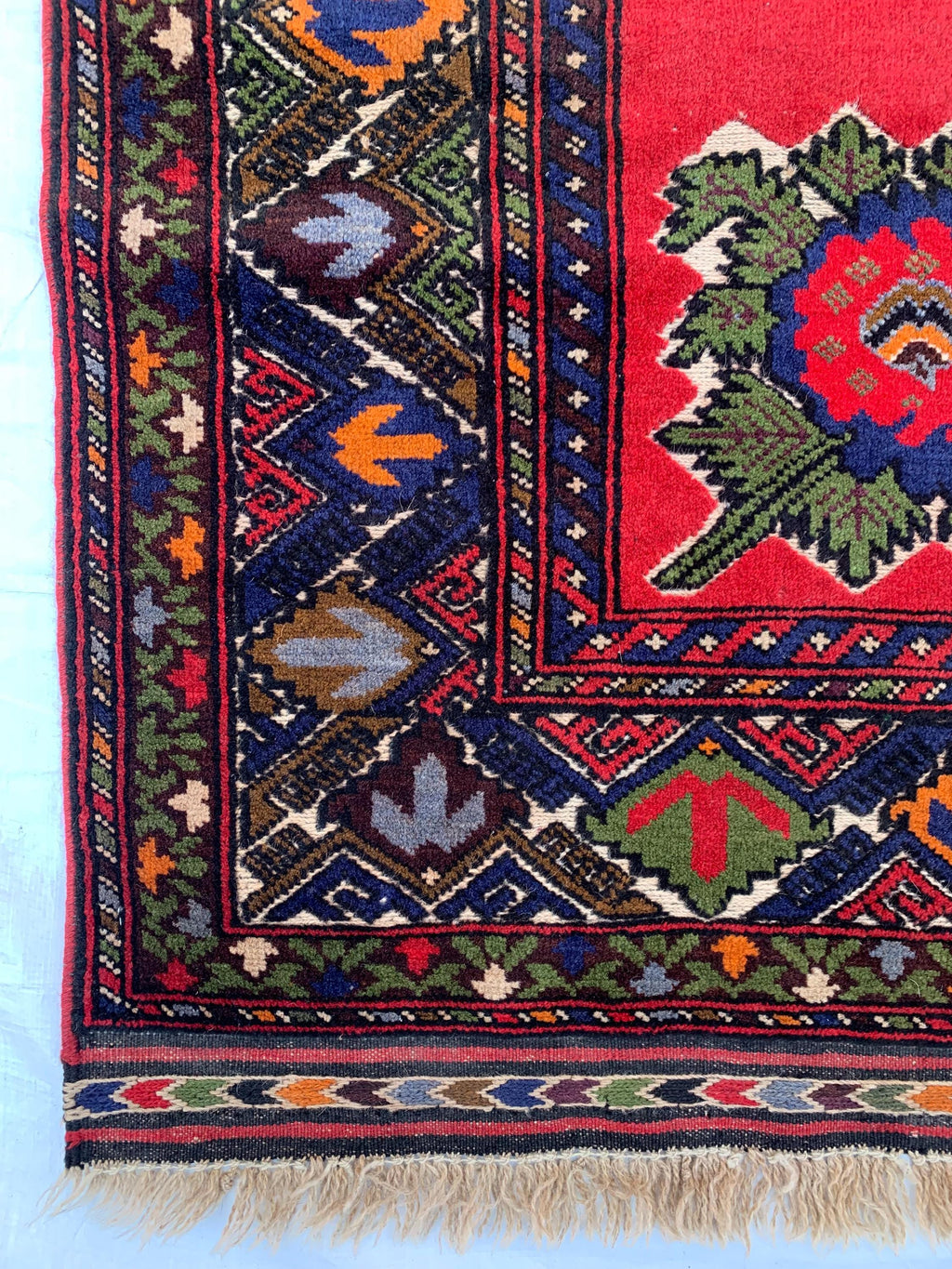 5x7 Vintage Herati Rug – Handmade Afghan Wool Carpet with Intricate Floral Patterns in Red, Green, and Navy Blue – Bedroom Rug 4.3x6.4 ft