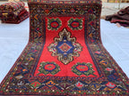 5x7 Vintage Herati Rug – Handmade Afghan Wool Carpet with Intricate Floral Patterns in Red, Green, and Navy Blue – Bedroom Rug 4.3x6.4 ft