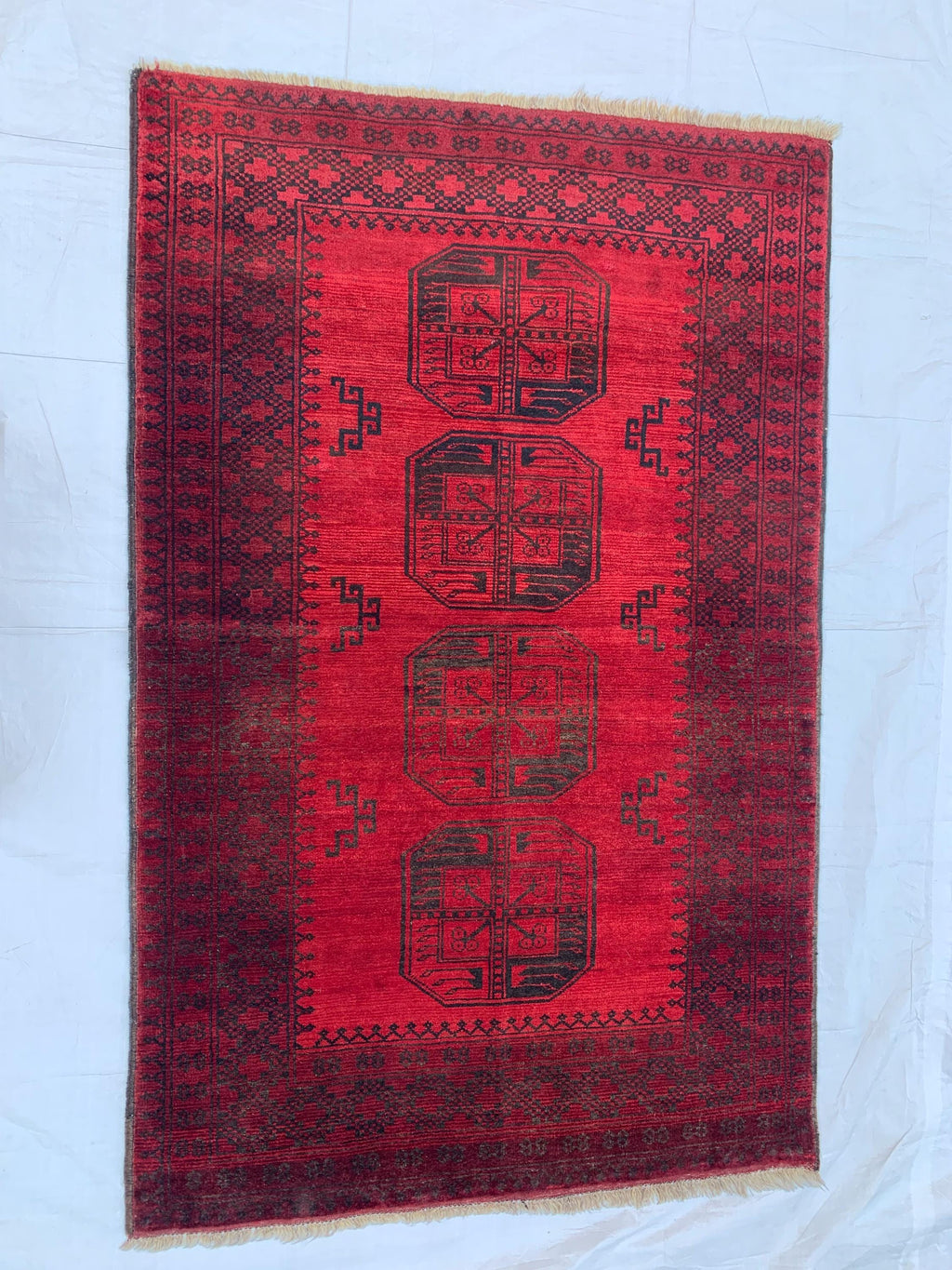 4x6 Collectible Rug Vintage Afghan Elephant Foot Rug | Hand-Knotted Wool Tribal Carpet | Red & Black, Rare Rug. Hallway Rug, 120x186cm