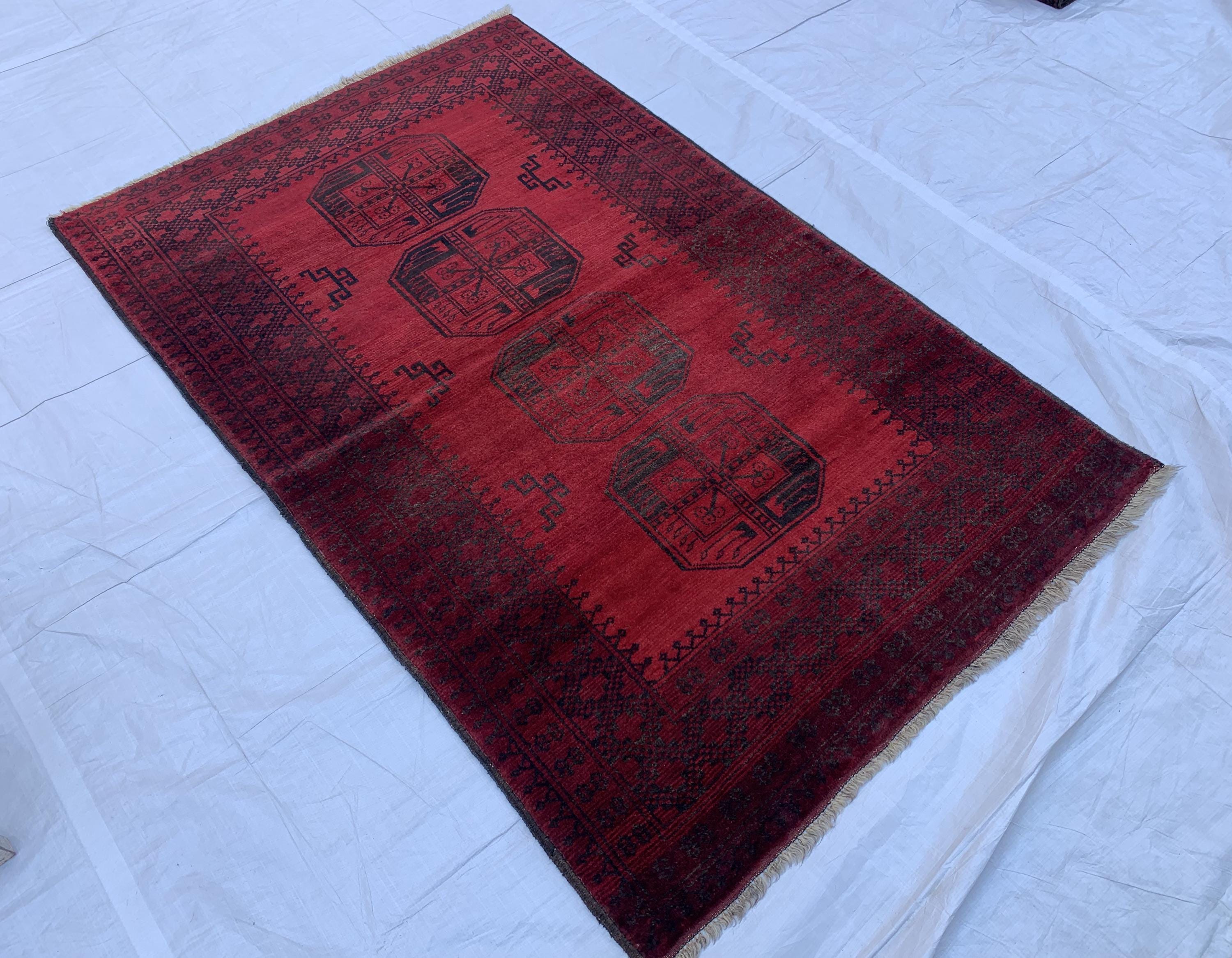 4x6 Collectible Rug Vintage Afghan Elephant Foot Rug | Hand-Knotted Wool Tribal Carpet | Red & Black, Rare Rug. Hallway Rug, 120x186cm