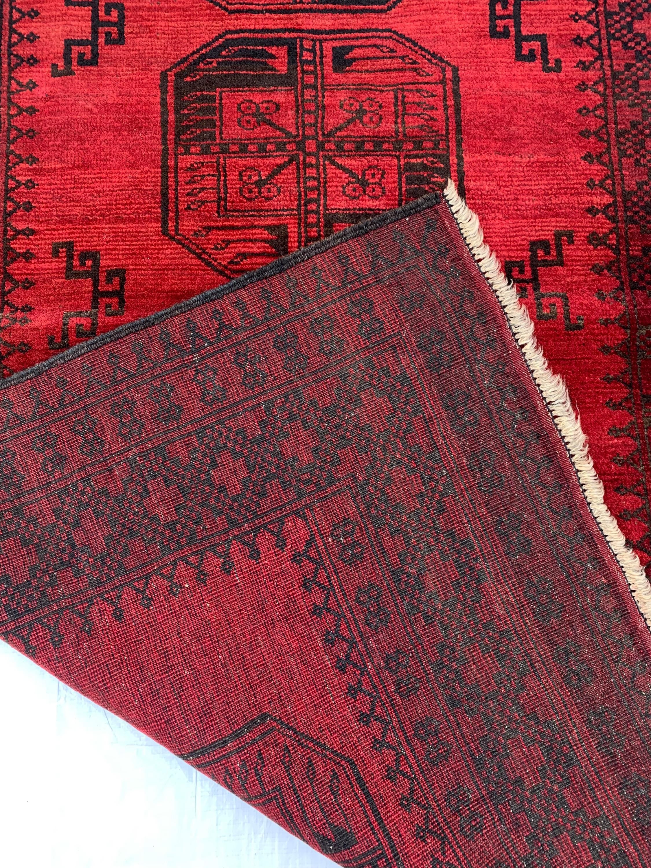4x6 Collectible Rug Vintage Afghan Elephant Foot Rug | Hand-Knotted Wool Tribal Carpet | Red & Black, Rare Rug. Hallway Rug, 120x186cm