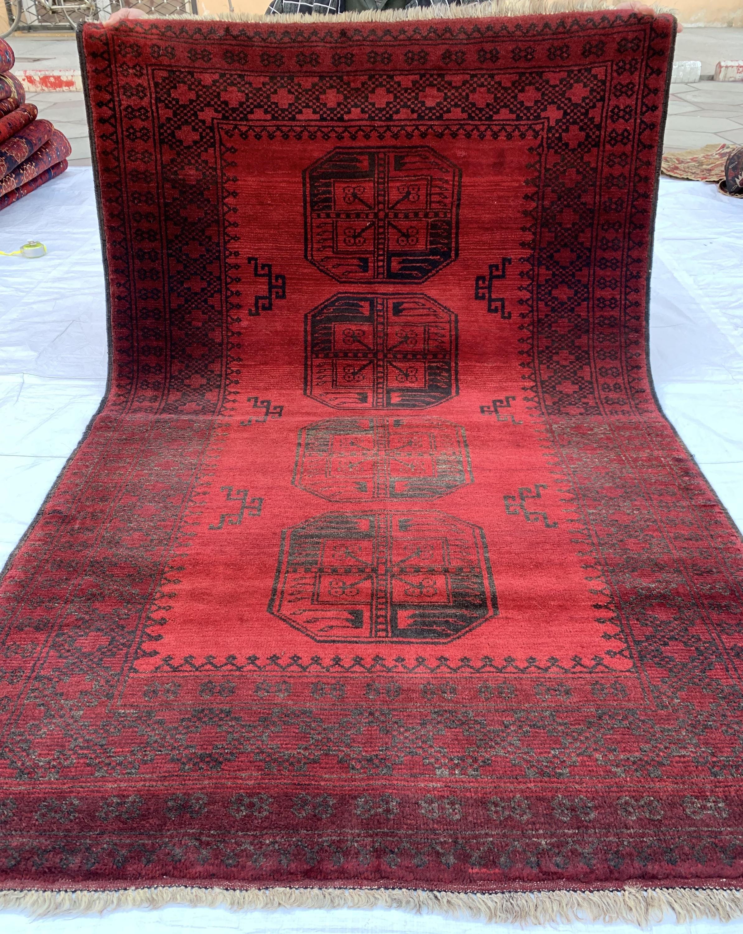 4x6 Collectible Rug Vintage Afghan Elephant Foot Rug | Hand-Knotted Wool Tribal Carpet | Red & Black, Rare Rug. Hallway Rug, 120x186cm