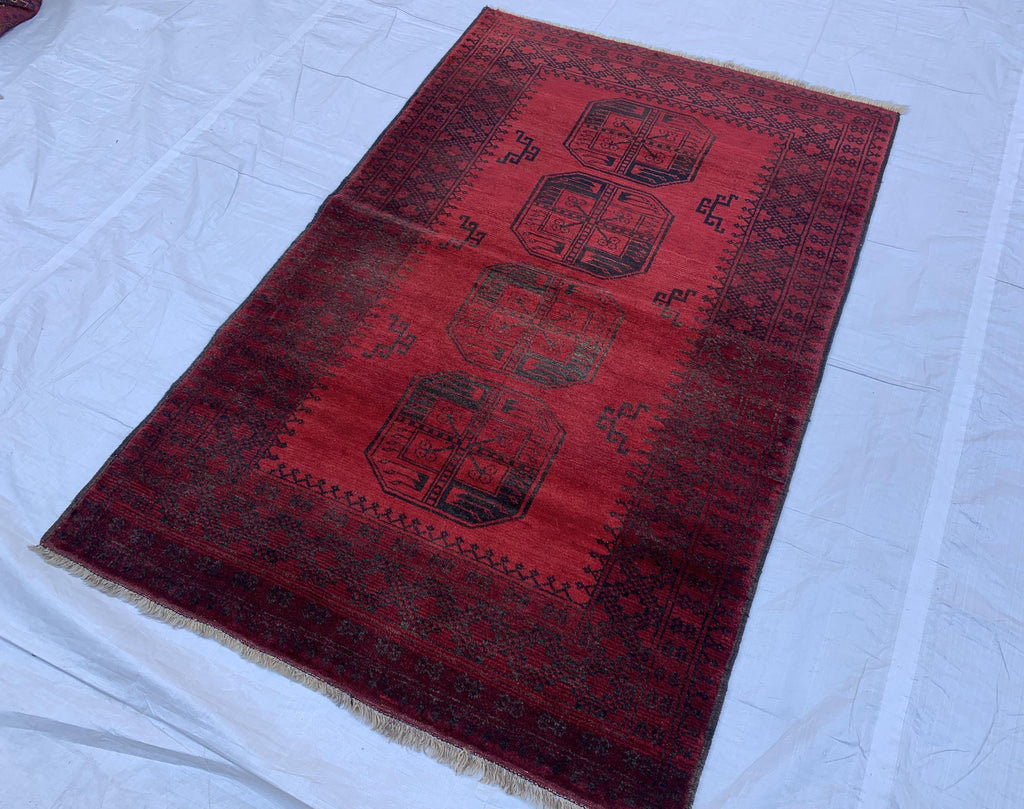 4x6 Collectible Rug Vintage Afghan Elephant Foot Rug | Hand-Knotted Wool Tribal Carpet | Red & Black, Rare Rug. Hallway Rug, 120x186cm
