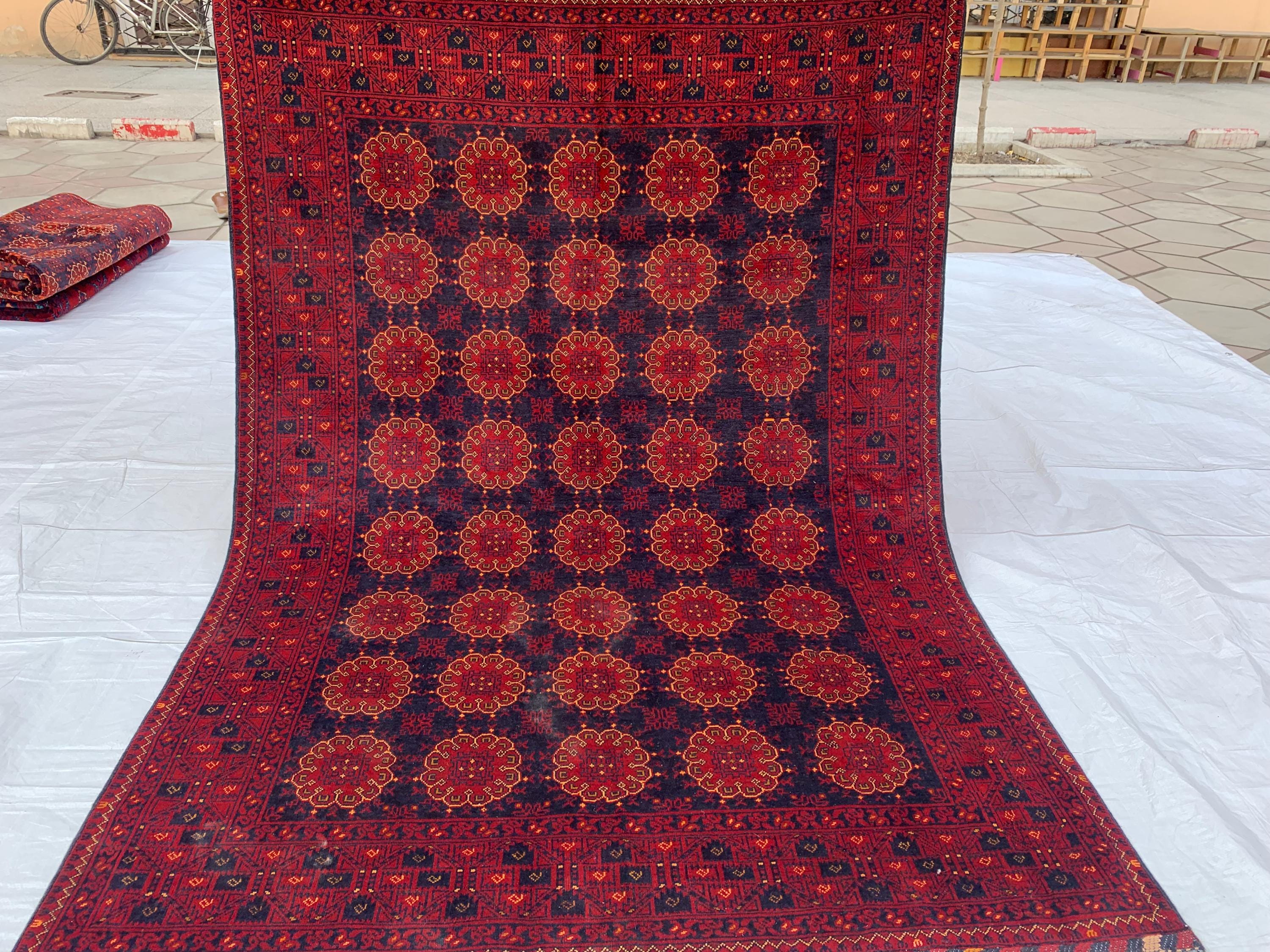 5x8 Patnus Gul Rug – Handmade Afghan Wool Carpet with Traditional Geometric Patterns in Red & Black – Living Room Rug, Bedroom Rug 165x238
