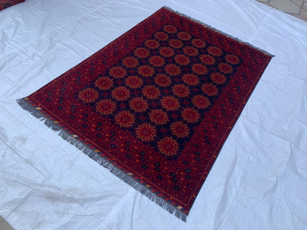 5x8 Patnus Gul Rug – Handmade Afghan Wool Carpet with Traditional Geometric Patterns in Red & Black – Living Room Rug, Bedroom Rug 165x238