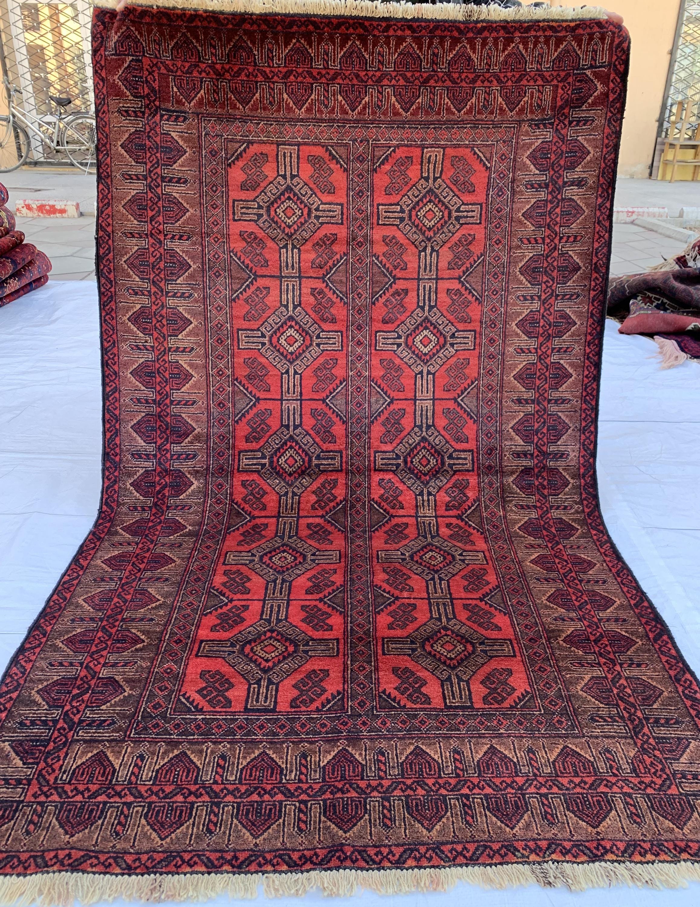 4x7 Vintage Afghan Bokhara Rug–Handmade Wool Carpet with Traditional Geometric Gul Design in Rich Red & Deep Brown, Hallway Rug 3.11x6.7 ft