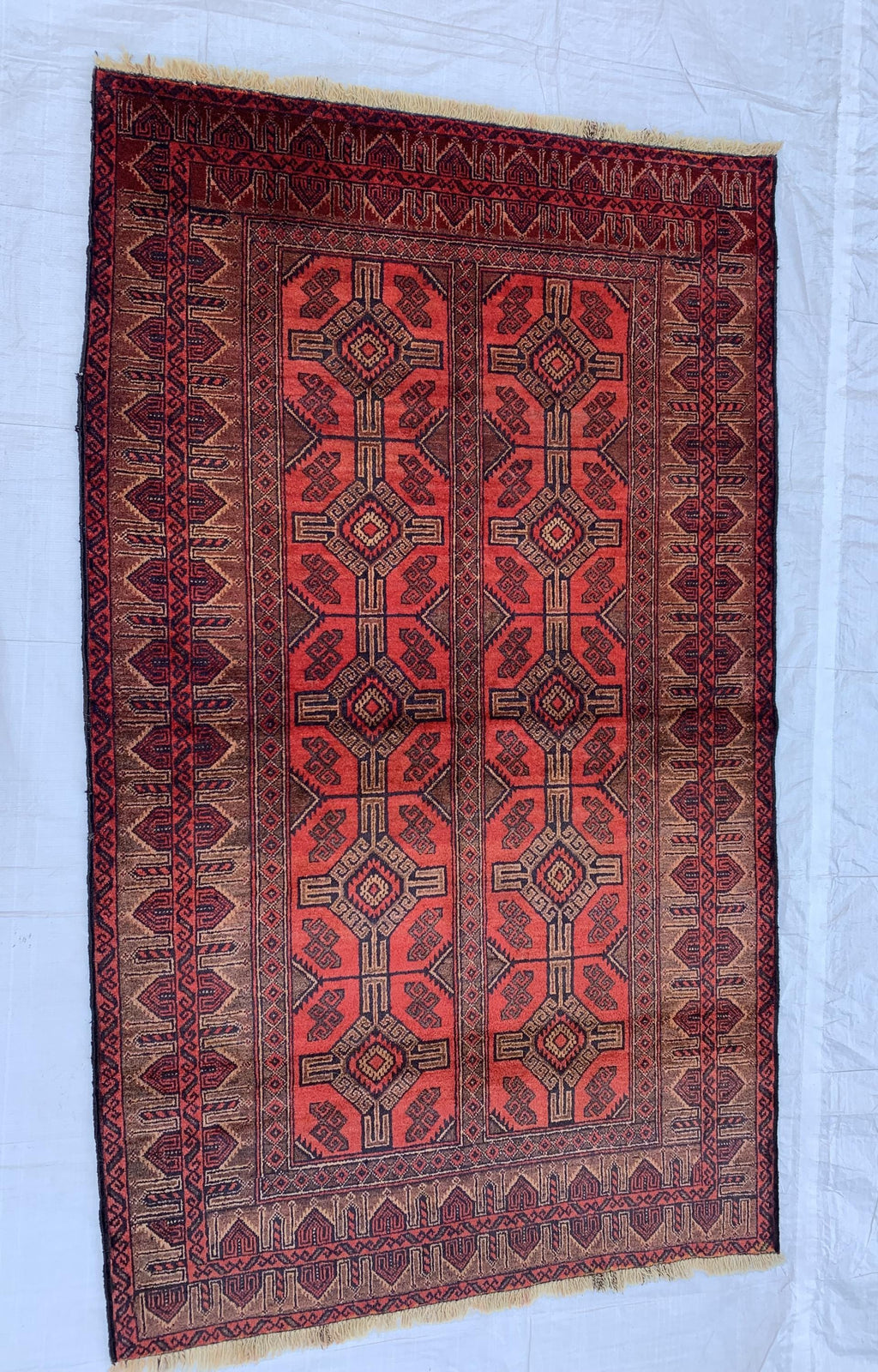 4x7 Vintage Afghan Bokhara Rug–Handmade Wool Carpet with Traditional Geometric Gul Design in Rich Red & Deep Brown, Hallway Rug 3.11x6.7 ft