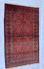 4x7 Vintage Afghan Bokhara Rug–Handmade Wool Carpet with Traditional Geometric Gul Design in Rich Red & Deep Brown, Hallway Rug 3.11x6.7 ft